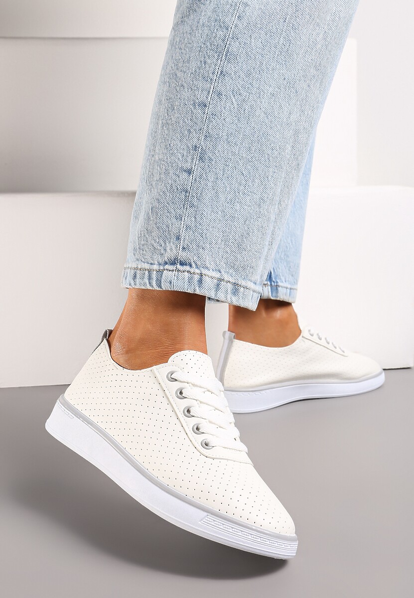 Beżowo-Szare Sznurowane Tenisówki z Ozdobną Taśmą na Tyle i Perforacją Kavinna