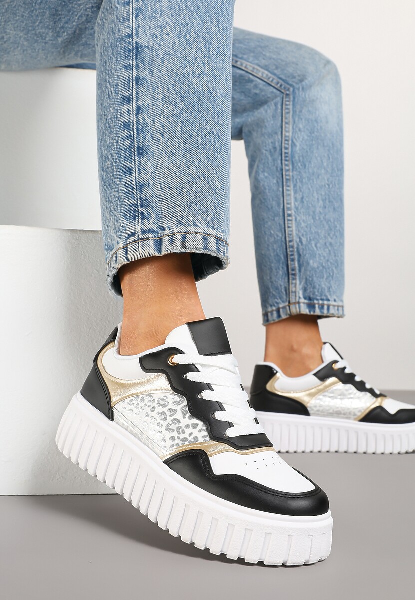 Biało-Pomarańczowe Sneakersy na Platformie z Tłoczeniem Ozdobione Panterką i Perforacją Udivaya