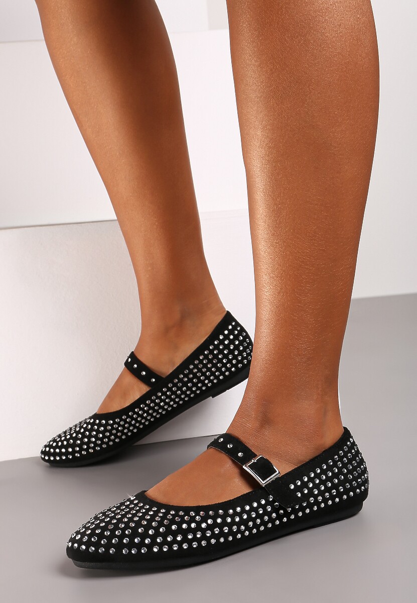 Czarne Balerinki na Płaskiej Podeszwie w Stylu Mary Jane z Cyrkoniami i Ozdobnym Paskiem Ivilra