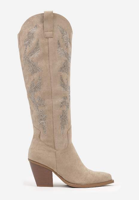 Ciemnobeżowe Kozaki Kowbojki na Stożkowym Obcasie z Aplikacją z Cyrkoniami Zevrine