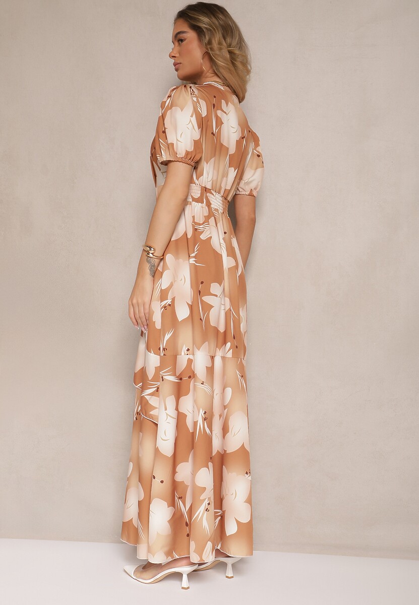 Jasnobrązowa Kopertowa Sukienka z Kwiatowym Wzorem i Falbanką Tdivona