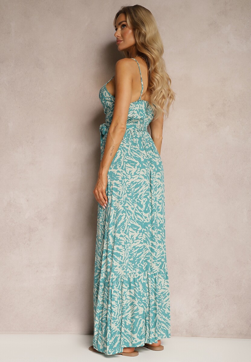 Jasnoniebieska Wiskozowa Sukienka na Ramiączkach z Materiałowym Paskiem i Gumką w Talii Terzalia