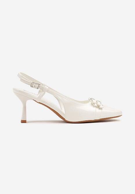 Białe Lakierowane Sandały na Obcasie z Noskiem w Szpic z Kokardkami Noravis
