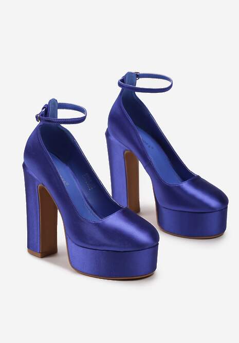 Niebieskie Czółenka Satynowe na Platformie i Słupku Enalae