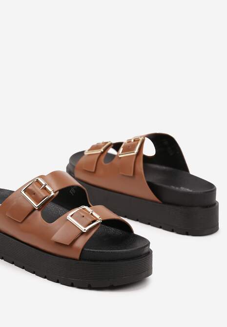 Brązowe Klapki  na Platformie z Paskami ze Sprzączkami Kaliora