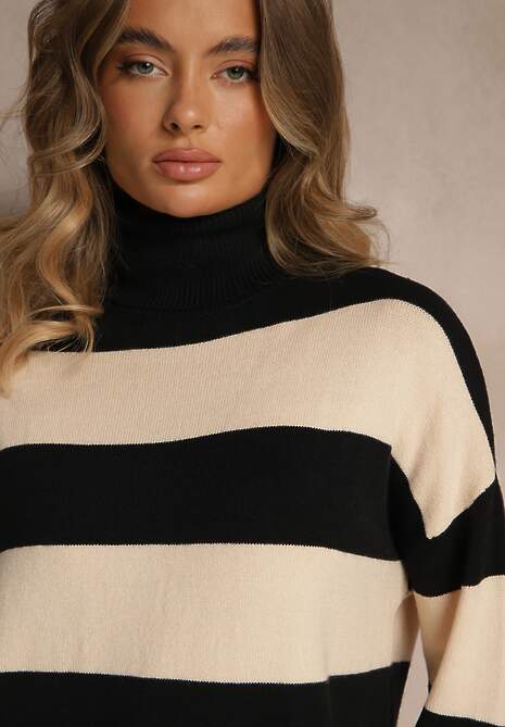 Czarno-Beżowy Golf Ozdobiony Paskami Raluna