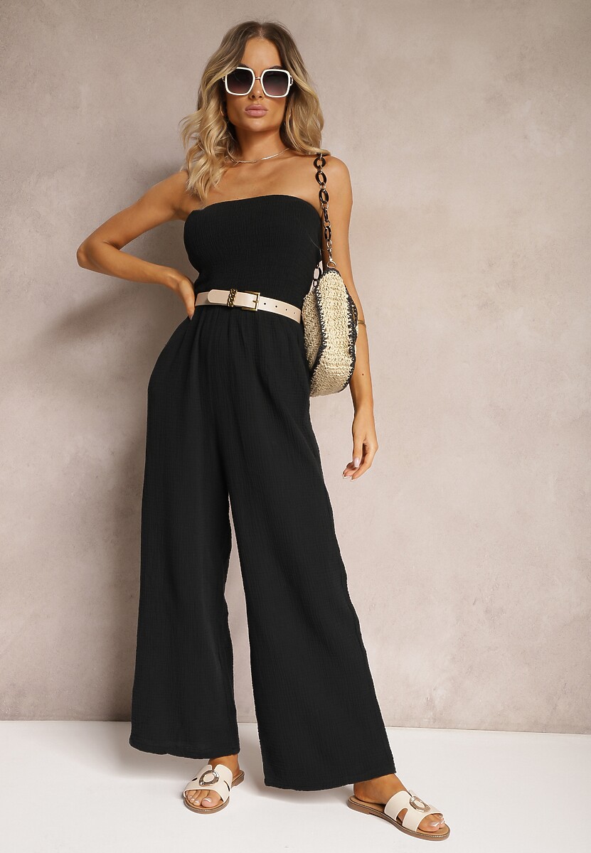 Czarny Kombinezon z Bawełny z Długimi Nogawkami Ozdobiony Marszczoną Górą Moraena