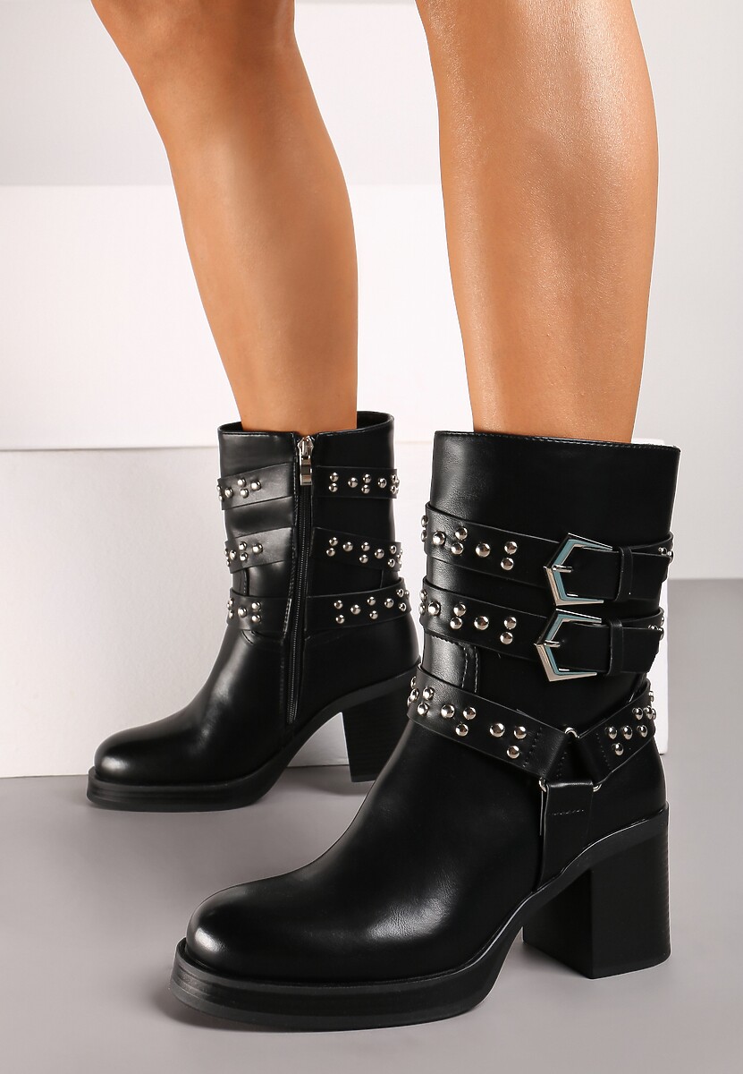 Czarne Botki w Stylu Biker z Licznymi Paskami z Nitami Nirinae