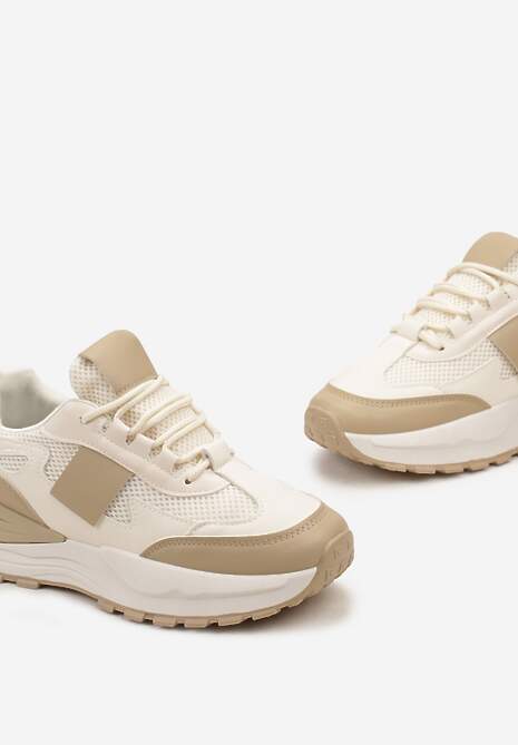 Ciemnobeżowe Sneakersy z Elastycznym Sznurowaniem i Siateczką Lenivla