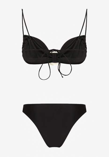 Czarne Bikini z Wiązaną Górą Ozdobione Kwiatowymi Aplikacjami Rivashan