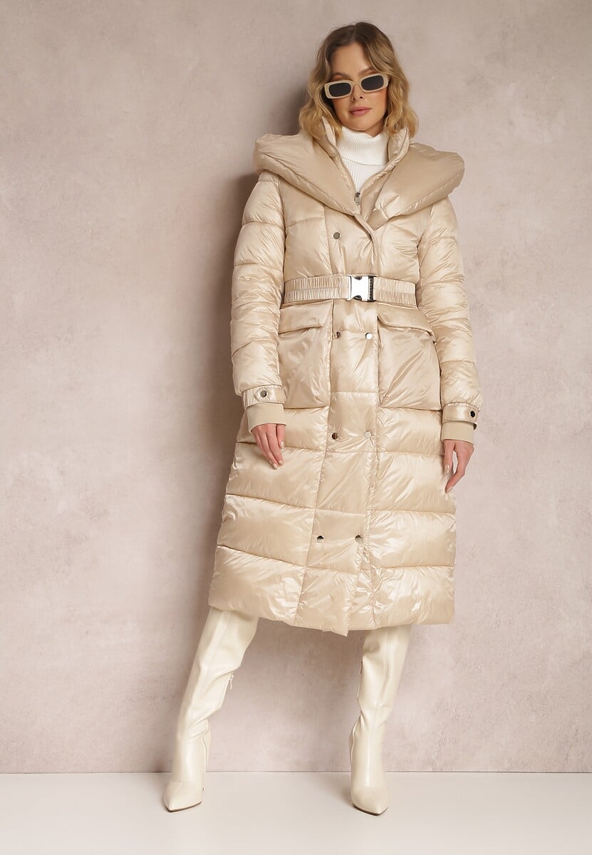 Jasnobeżowa Kurtka Długa z Szerokim Kołnierzem i Paskiem Dzerassa