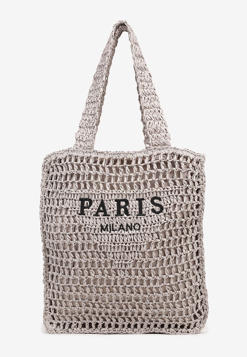 Szara Pleciona Torebka Shopper Ozdobiona Napisem Lavauri