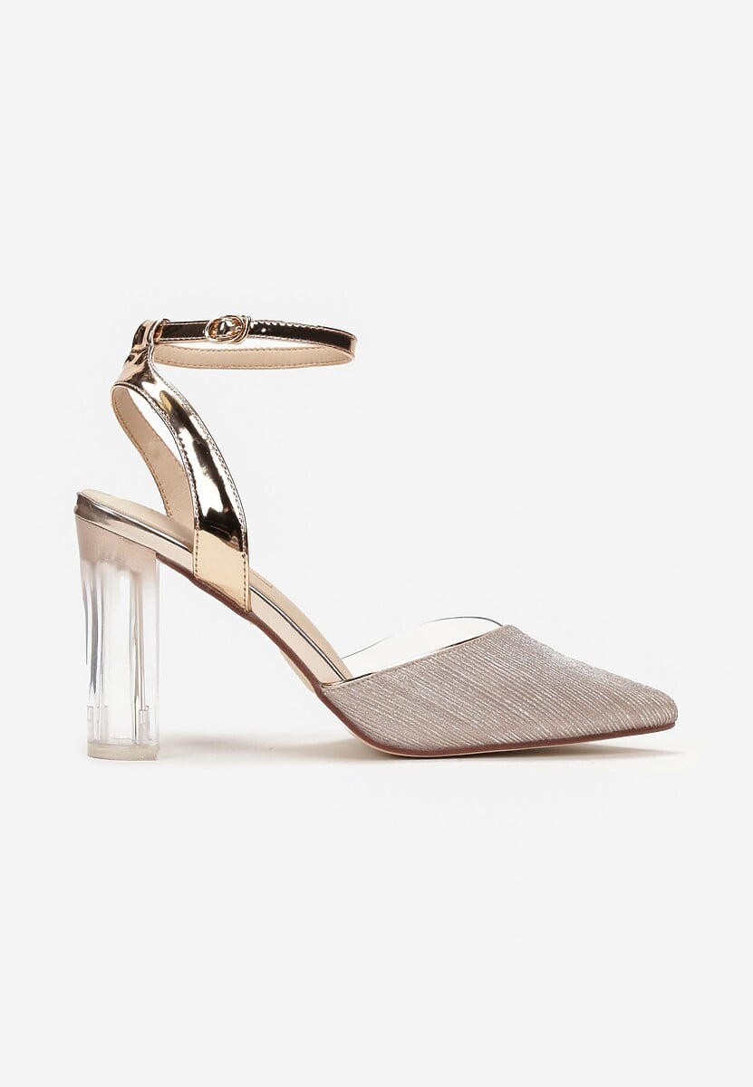 Szampańskie Brokatowe Sandały na Przezroczystym Słupku ze Sprzączką i Szpiczastym Noskiem Eizreva