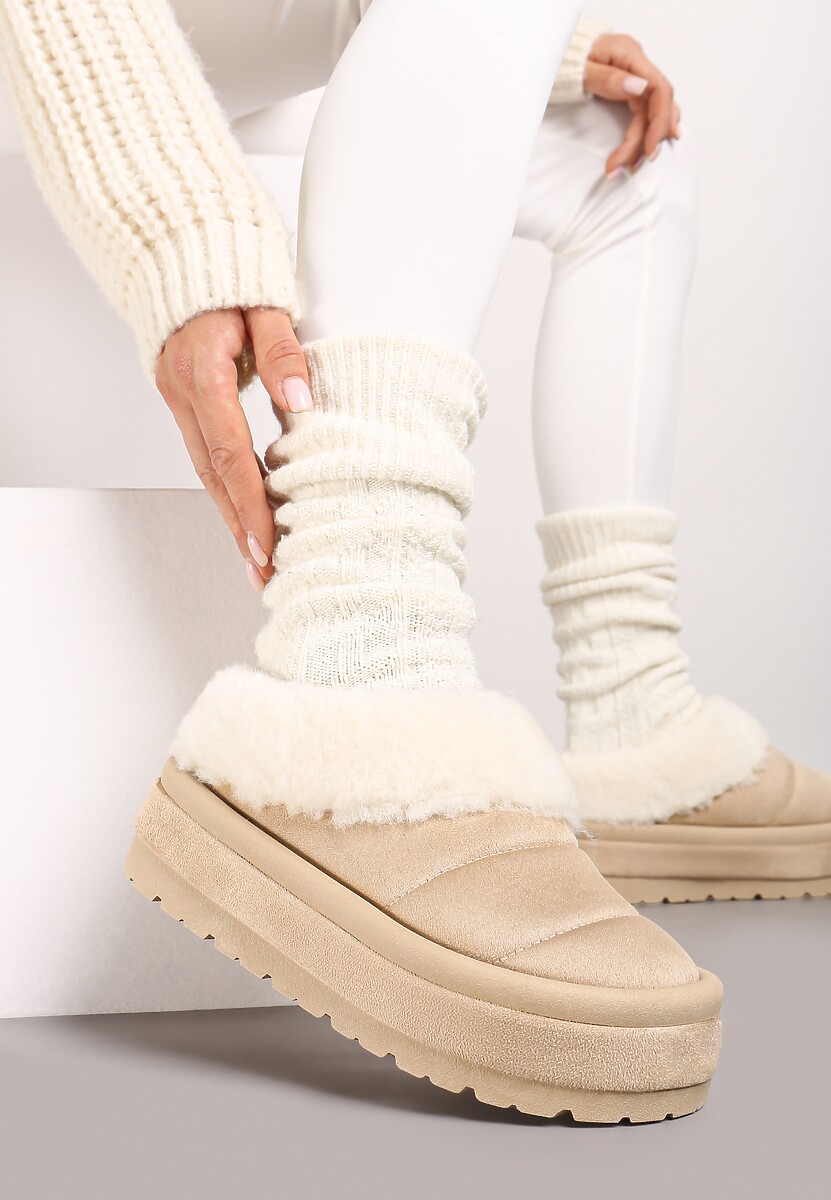 Beżowe Wsuwane Śniegowce na Platformie Ozdobione Futerkiem Sinthiana