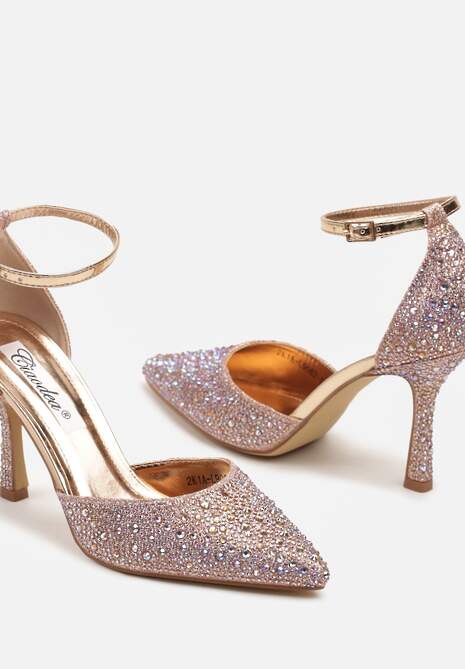 Szampańskie Szpilki Ozdobione Brokatem i Cyrkoniami Zapinane Wokół Kostki Kelnena