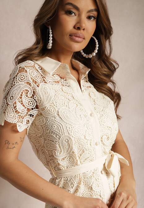 Beżowa Koszulowa Sukienka z Koronką Wiązana w Talii Daphnora