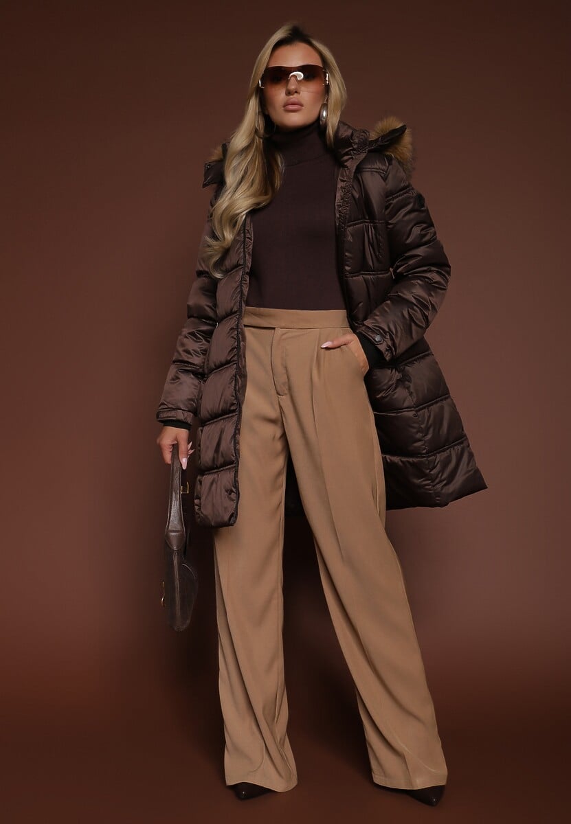 Ciemnobrązowa Pikowana Kurtka o Długim Fasonie z Odpinanym Kapturem z Futerkiem  Fenalda