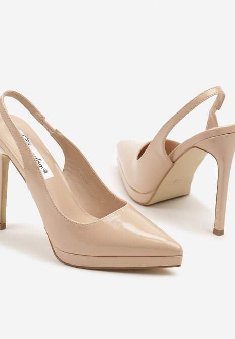 Beżowe Sandały na Szpilce Lakierowane Typu Slingback Novalise