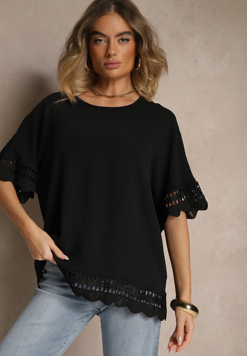 Czarna Bluzka Ozdobiona Ażurowymi Rękawami Vorana
