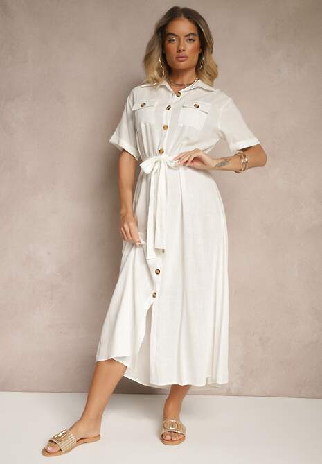 Biała Sukienka z Lnu i Wiskozy o Koszulowym Fasonie Weolara