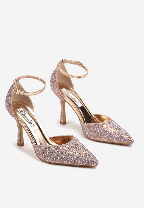 Szampańskie Szpilki Ozdobione Brokatem i Cyrkoniami Zapinane Wokół Kostki Kelnena