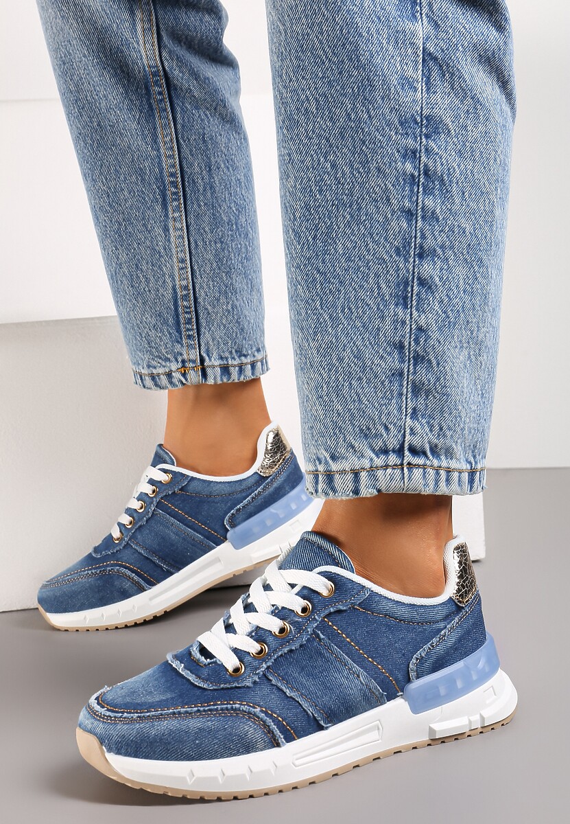 Granatowe Sneakersy z Jeansowego Materiału ze Złotymi Wstawkami i Ozdobnymi Przeszyciami Anilema