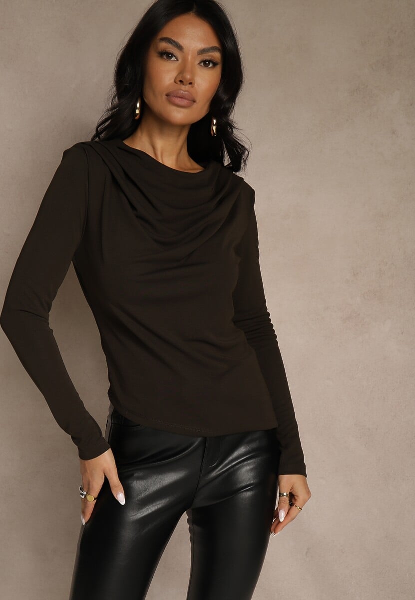 Brązowa Bluzka Longsleeve o Asymetrycznym Kroju z Poduszkami w Ramionach Tusandia