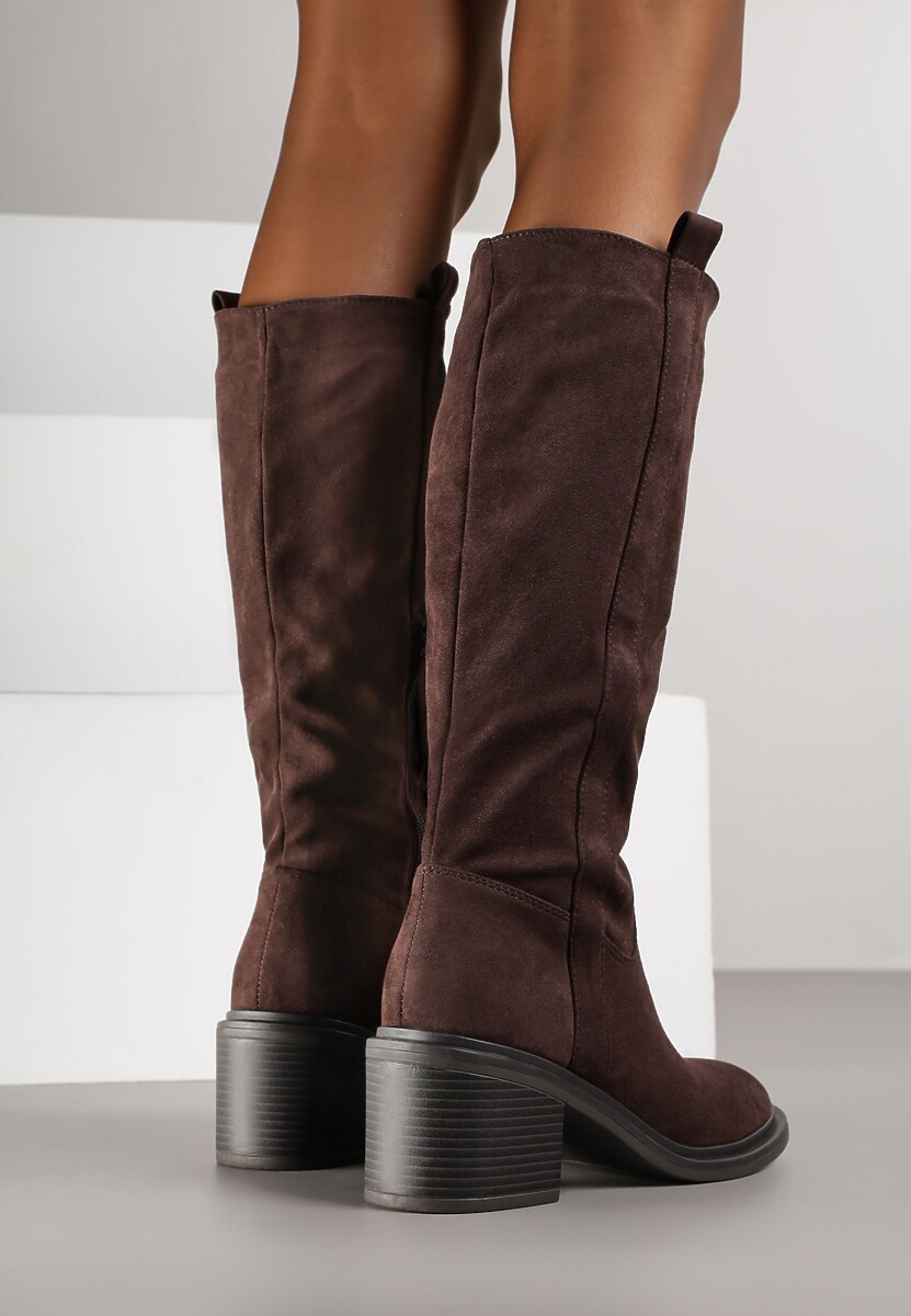 Brązowe Kozaki Oficerki Vices na Obcasie Zdobione Paskami przy Cholewce Giorela