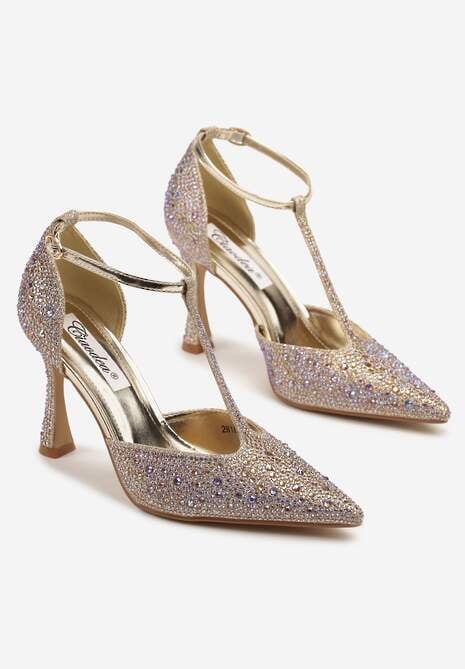 Złote Cyrkoniowe Sandały na Szpilce ze Szpiczastym Noskiem Ulonella