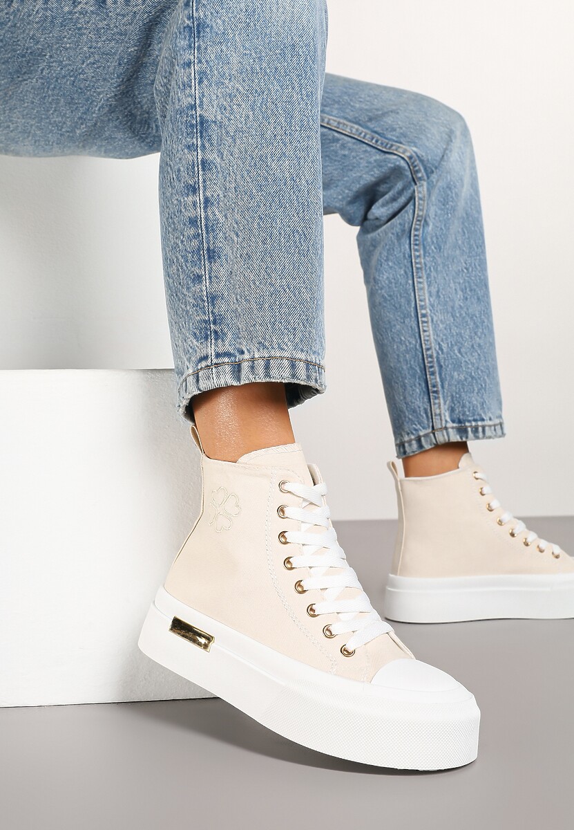 Beżowe Trampki na Platformie z Wysoką Cholewką Ozdobione Haftem Fonaril