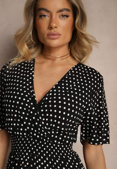 Czarna Sukienka z Bawełną i Kopertowym Dekoltem ze Wzorem w Kropki Ldivona