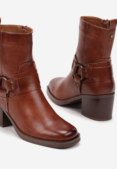 Brązowe Botki Bikery na Słupku z Klamrami i Paskami Verissca