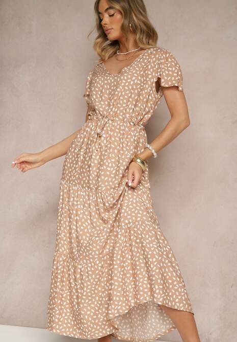 Beżowa Rozkloszowana Sukienka z Bawełną i Geometrycznym Motywem Mevelaia