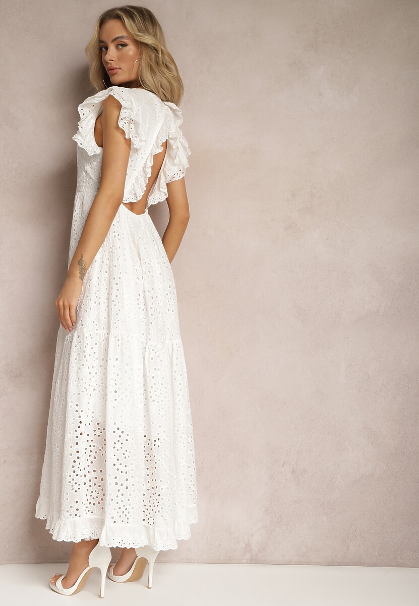 Biała Rozkloszowana Sukienka Bawełniana Maxi z Ażurowym Haftem i Falbankami Reflecia