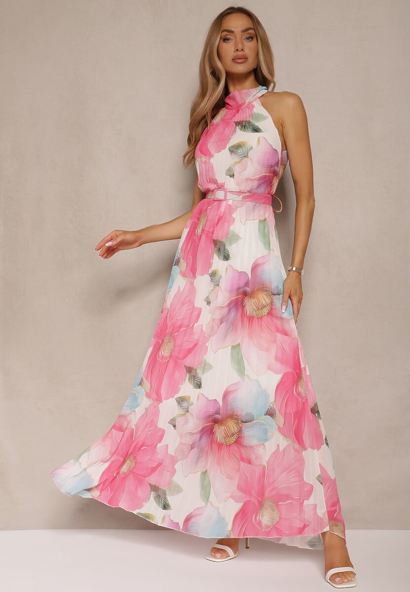 Różowa Plisowana Sukienka z Wiązaniem i Paskiem z Klamrą Nitolia