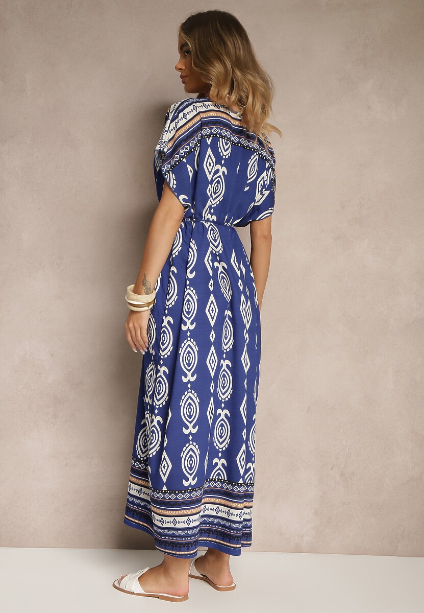 Niebieska Wiskozowa Sukienka o Pudełkowym Kroju w Etniczny Print Miriliana