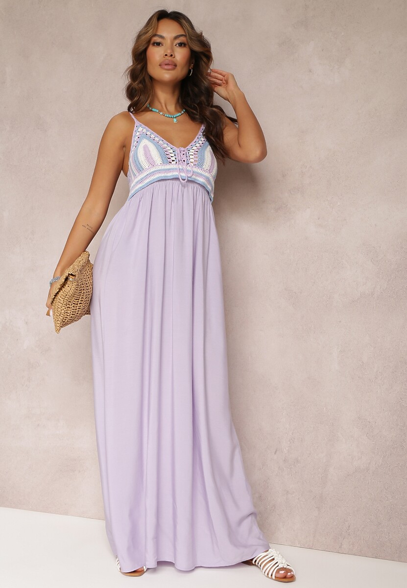 Fioletowa Bawełniana Sukienka Maxi z Szydełkową Górą i Gumkami na Plecach Jennesia