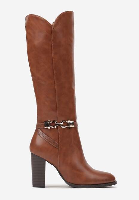 Jasnobrązowe Kozaki na Słupku Muszkieterki z Klamerką Vortilina