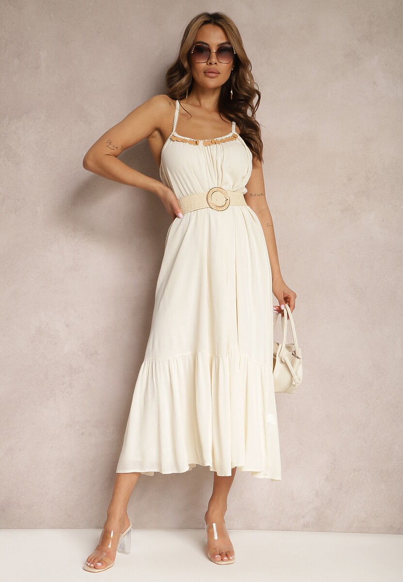 Beżowa Sukienka z Wiskozy na Ramiączkach Zdobiona Cekinami i Metaliczną Nitką Beloe