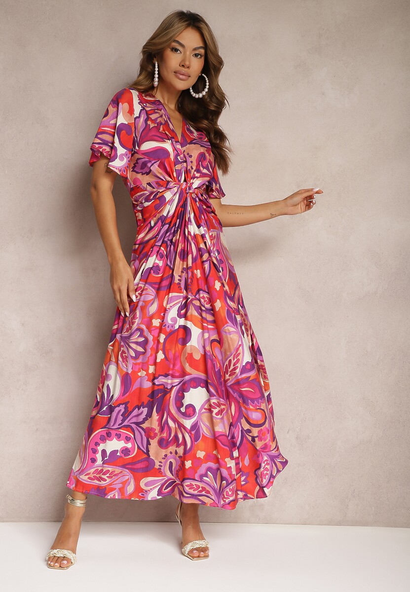 Fioletowo-Różowa Sukienka z Wiskozy o Rozkloszowanym Kroju z Ozdobnym Węzłem i Szerokimi Rękawami Janamla