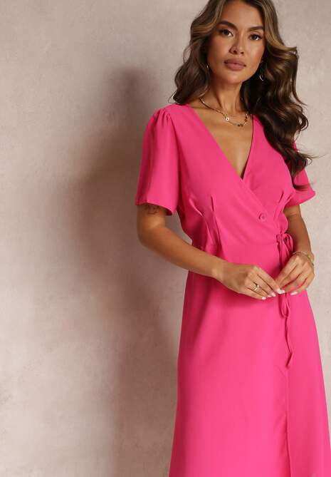 Fuksjowa Sukienka Midi z Kopertowym Dekoltem i Wiązaniem w Pasie Elisanu