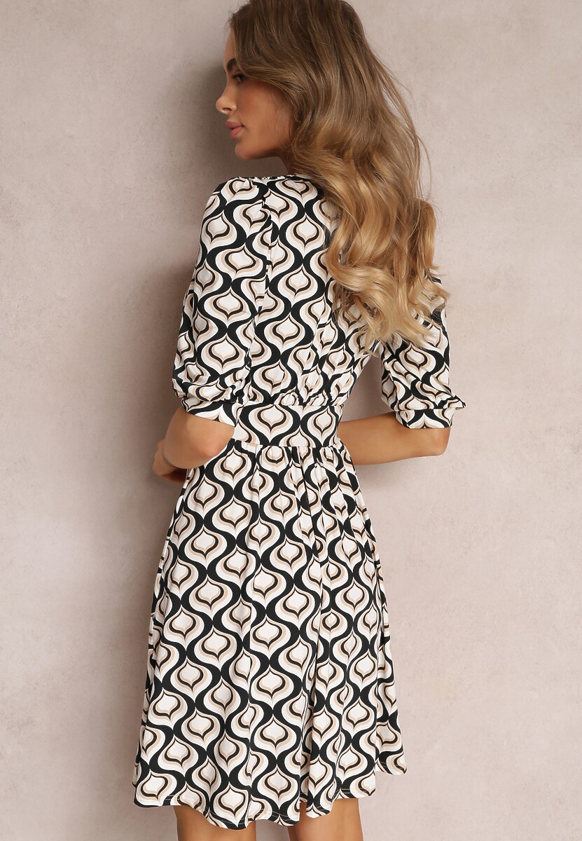 Czarno-Beżowa Sukienka Mini w Mozaikowy Wzór z Bufiastymi Rękawami Sabreena