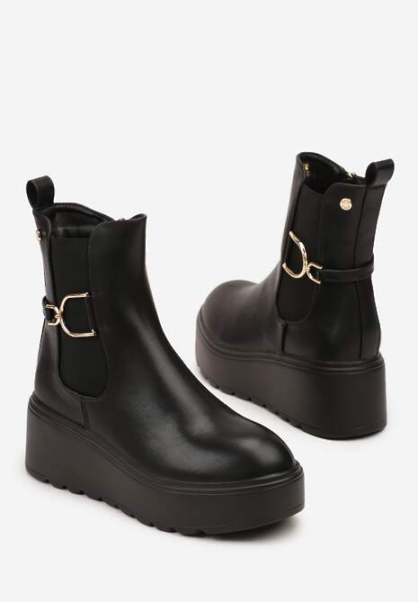 Czarne Botki Sztyblety Vices na Platformie Ozdobione Klamrami Falinnea