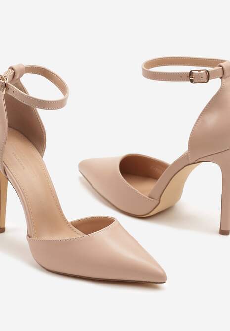 Beżowe Szpilki z Noskiem w Szpic i Paskiem przy Kostce Elarimea