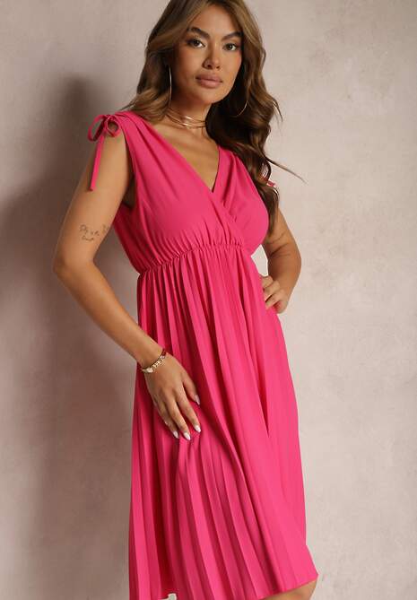 Fuksjowa Sukienka Plisowana z Wiskozą i Bawełną z Trójkątnym Dekoltem i Gumką w Pasie Liramla