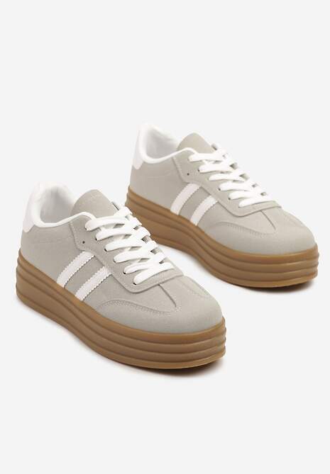 Beżowo-Szare Sneakersy w Stylu Tenisówki z Paskami Hirnelia