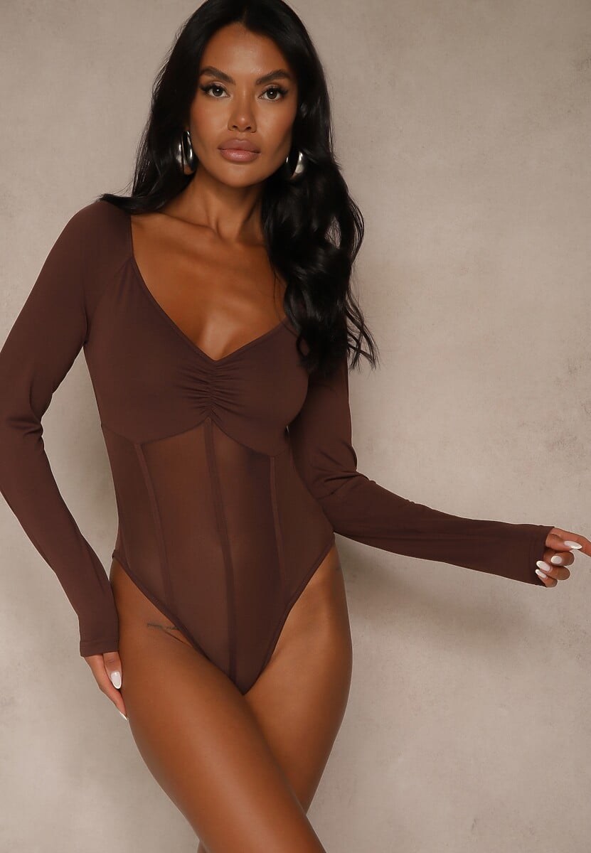 Brązowe Body Vices o Fasonie Longsleeve z Dekoltem w Kształcie V Asstre