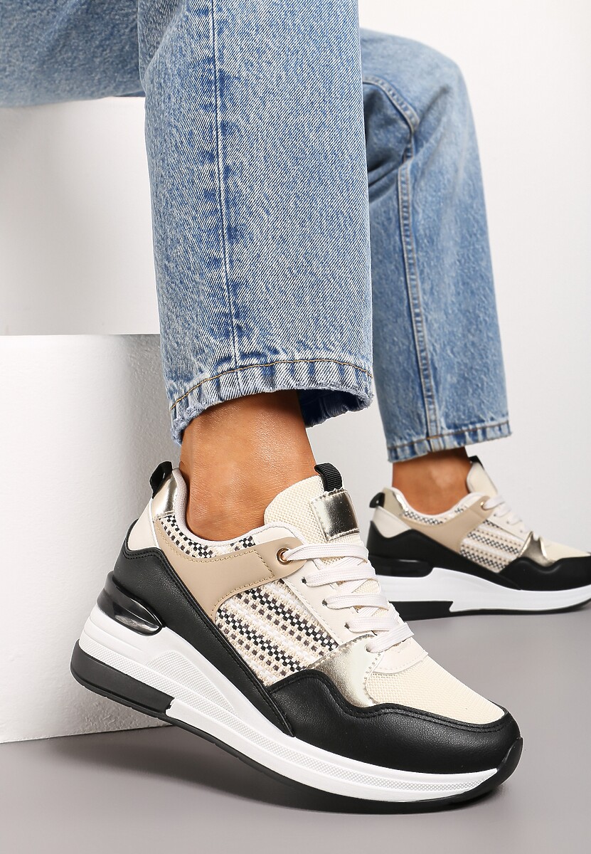 Beżowo-Czarne Sneakersy z Niskim Koturnem i Ozdobnymi Wstawkami Ysabeltia