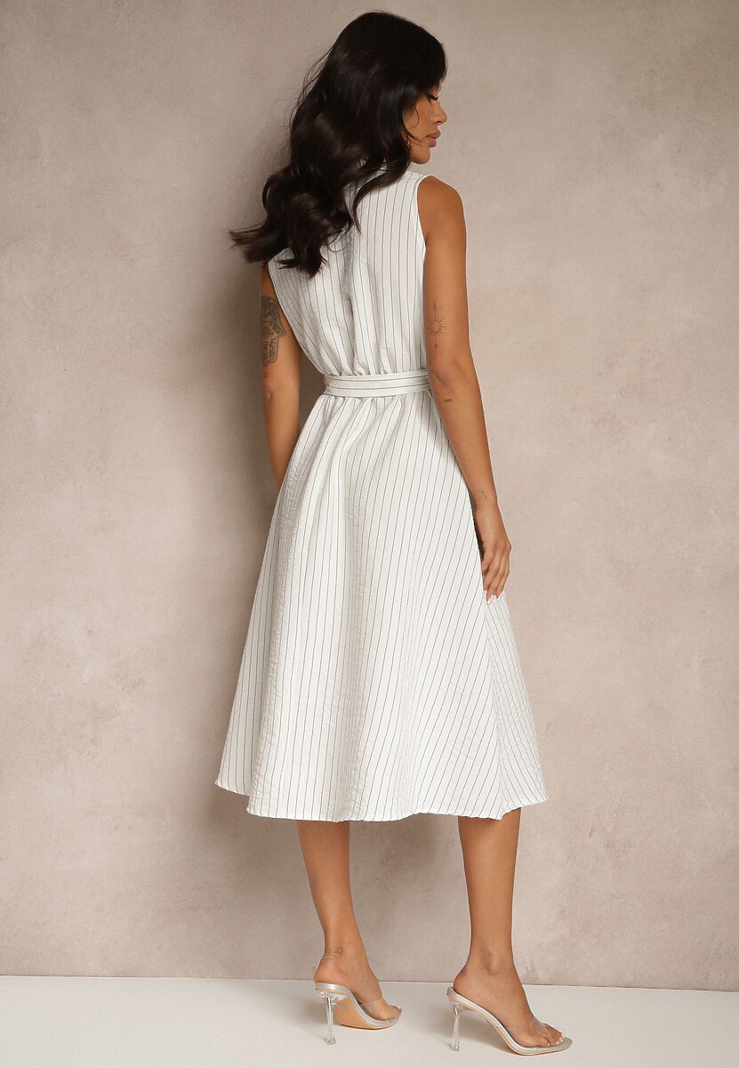 Biała Koszulowa Sukienka Bez Rękawów z Wiązanym Paskiem Lideene