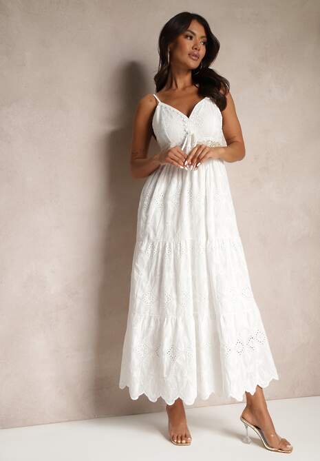 Biała Haftowana Sukienka z Bawełny na Ramiączkach w Stylu Boho Cyravia